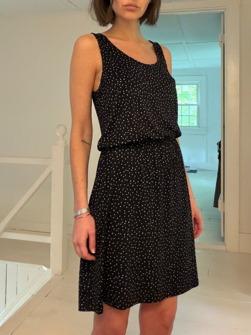 H&M Dot Print Blouson Waist Mini Dress Black/White Size XS